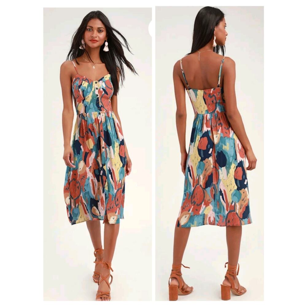 5692) Rolla'a M Eve Painted Tulip  Rust Orange Multi Print  Midi Summer Dress